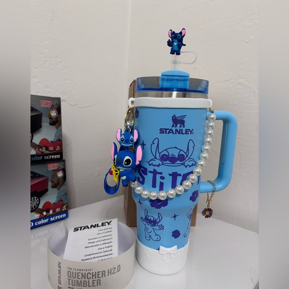 Stanley Blue and White Kids Tumbler with Stitch Charm - Picture 3 of 7